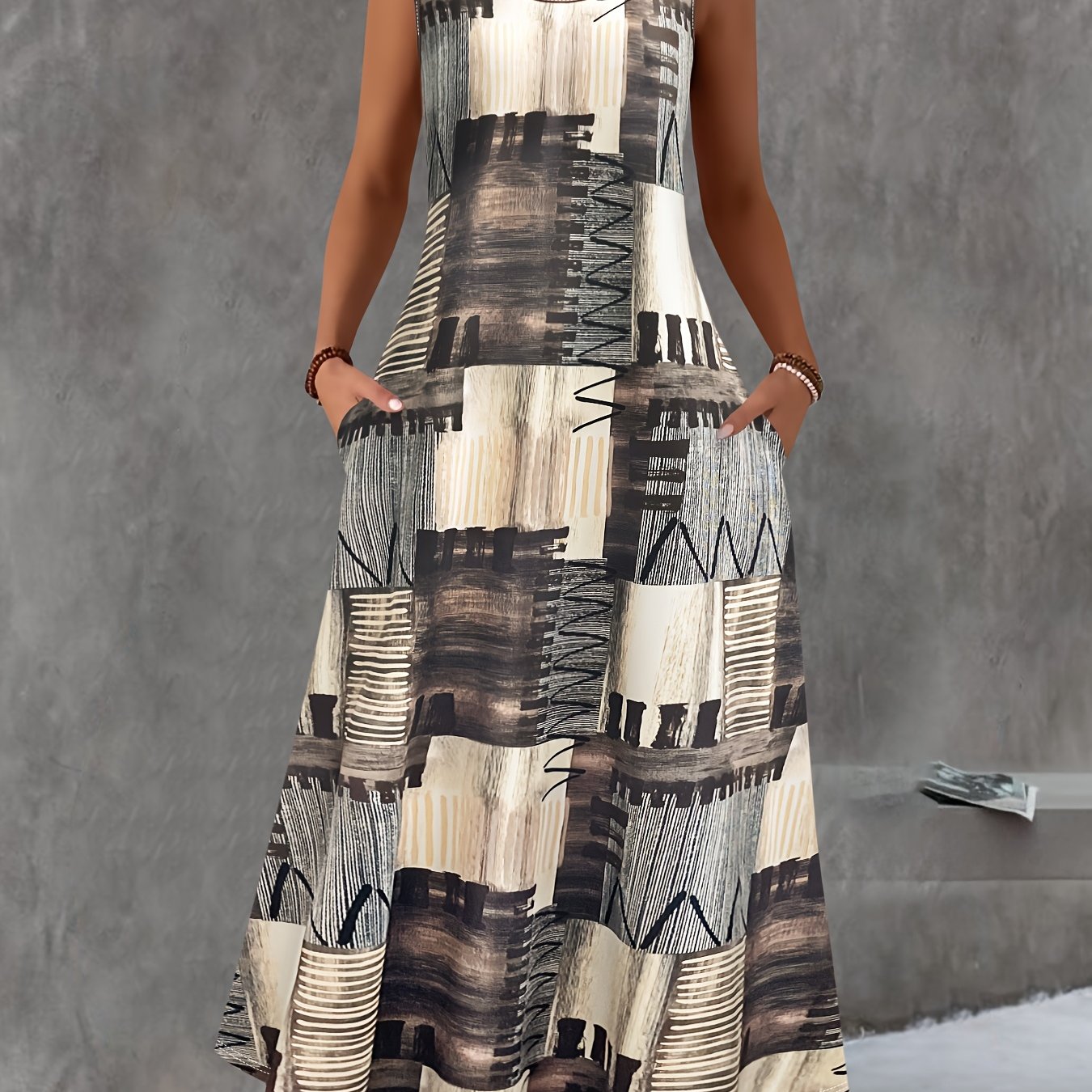 Ladies Plus Size Sleeveless Midi Dress with Pockets - Stylish Colour Block Print, Round Neck, Casual Summer Vest Dress, Medium Stretch Fabric, Elegant Design, Casual Summer Dress | Colour Block Dress | Pocket Dress, Cute Dresses