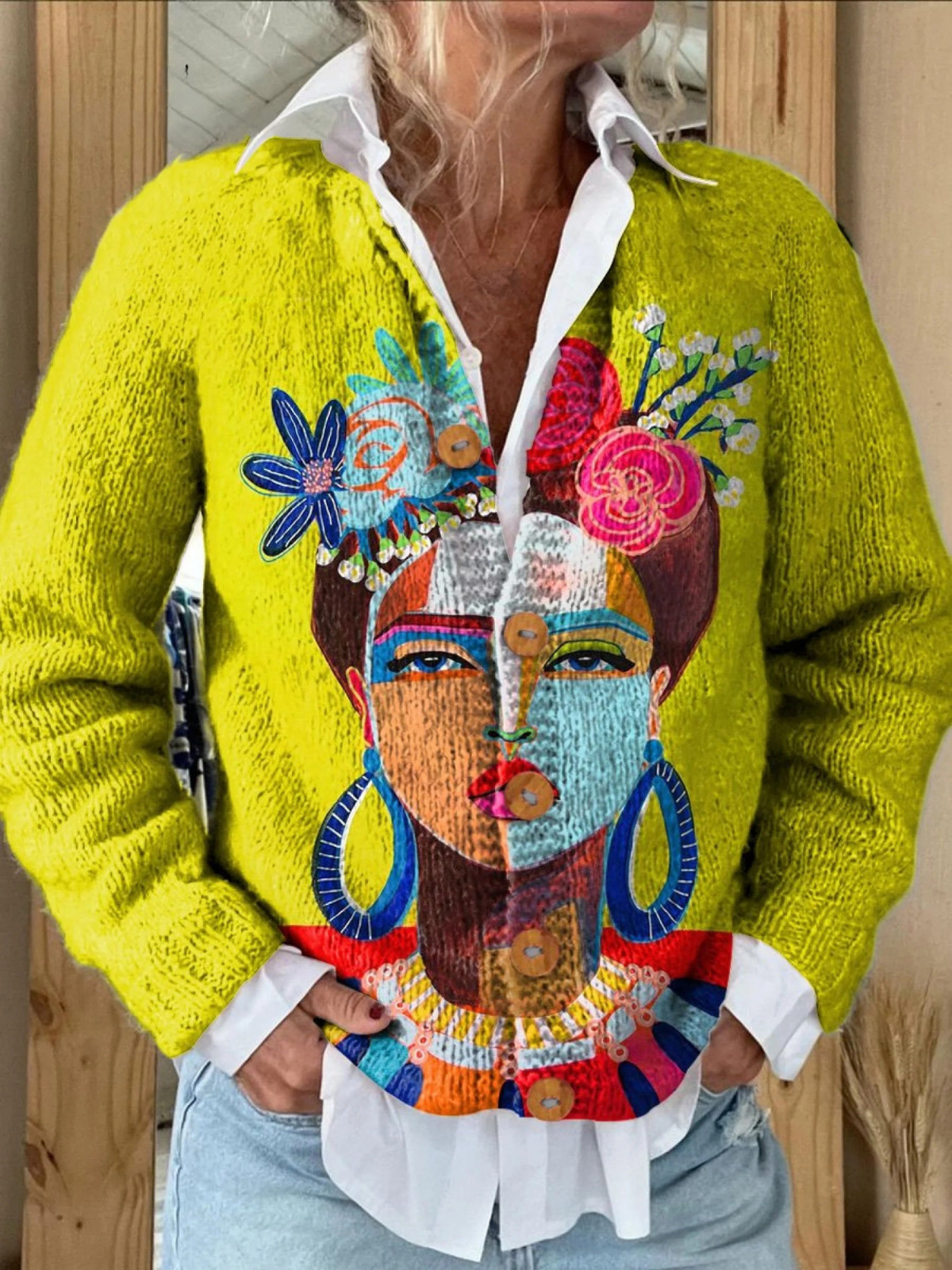 Isabella | Artistic Portrait Print Knitted Cardigan