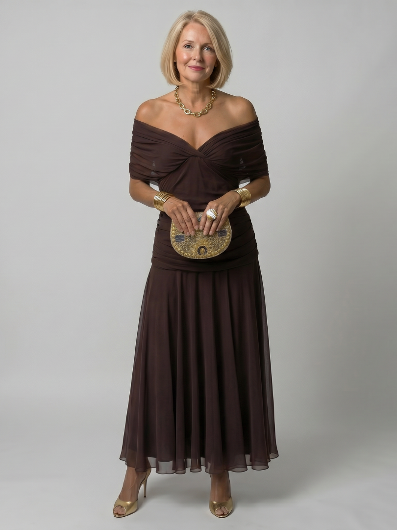 Ava | Elegant Flowing Off Shoulder Midi Dress
