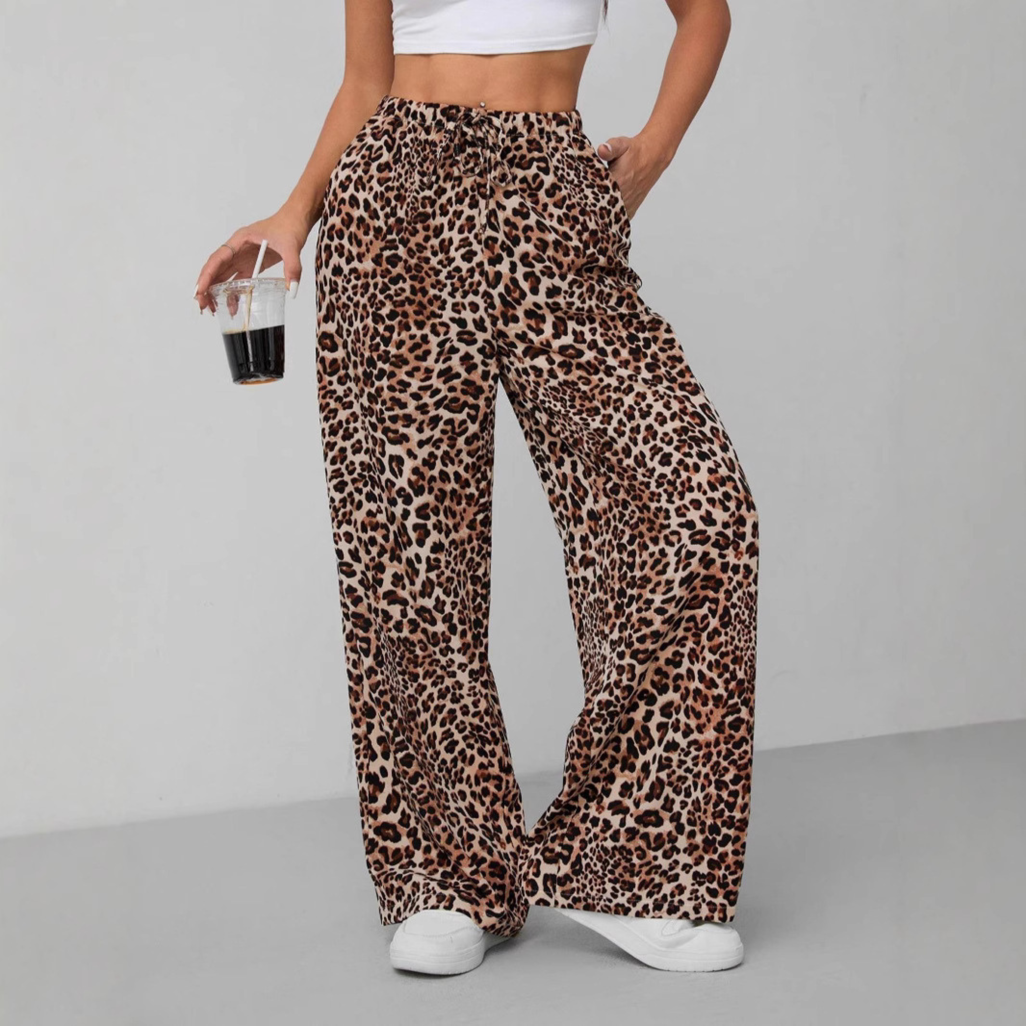 SYALA™ - Vintage Leopard Tie Front Wide Leg Pants