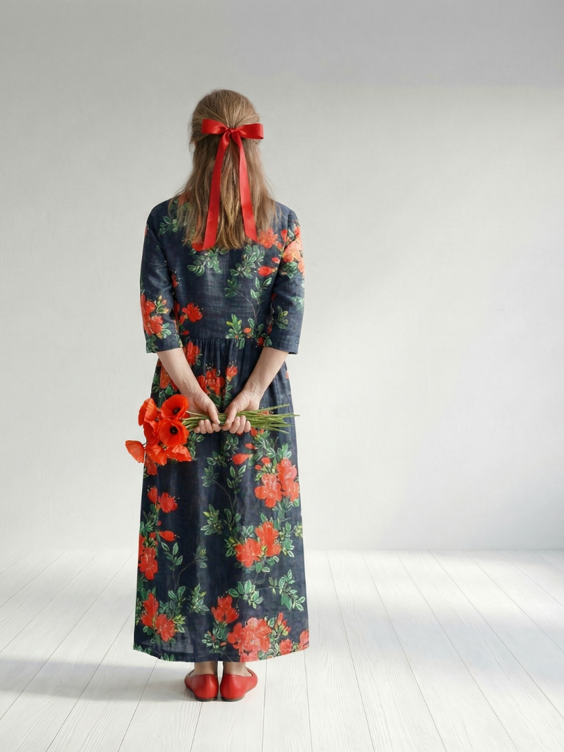 Aylin | Serene Floral Midi Dress with Flowing Drape