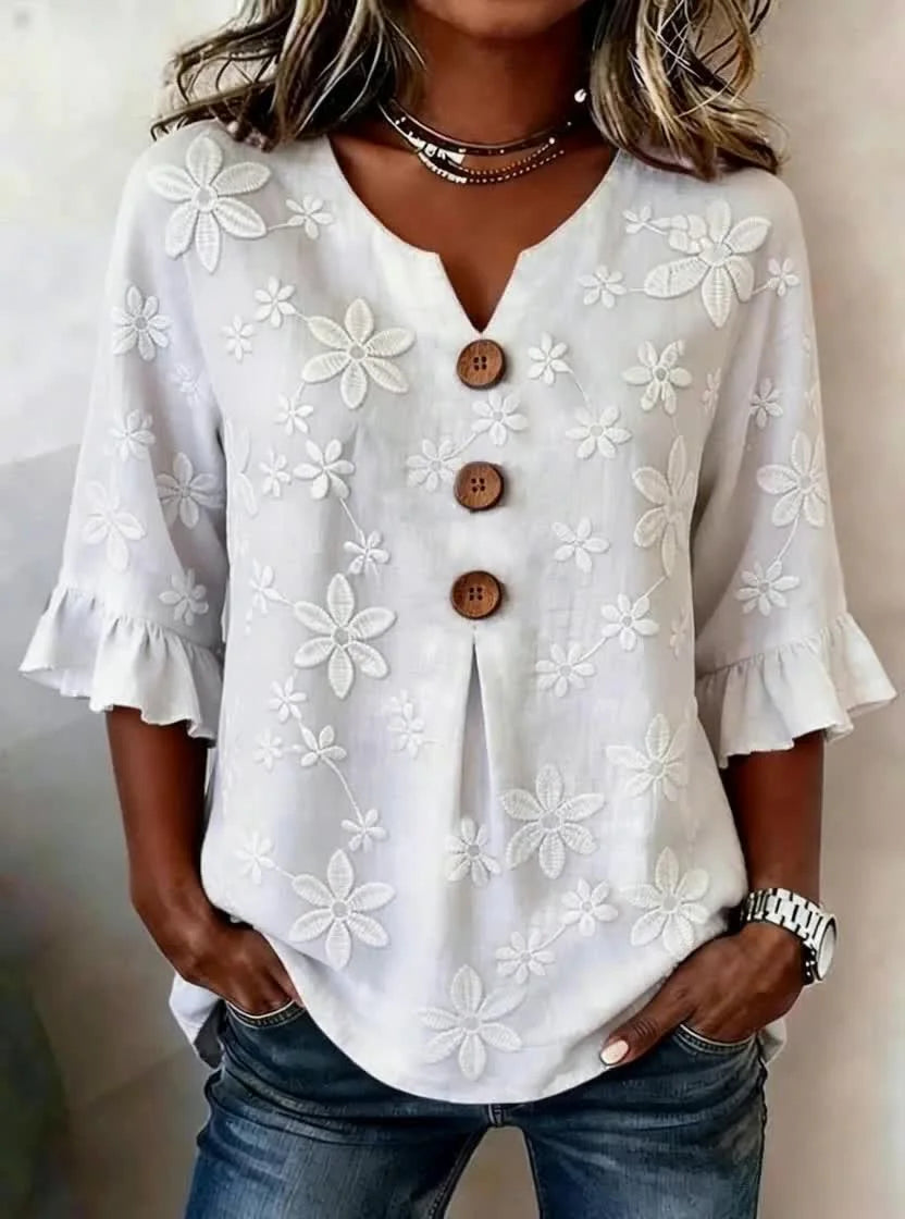 Rosie | Floral V Neck Blouse with Buttons