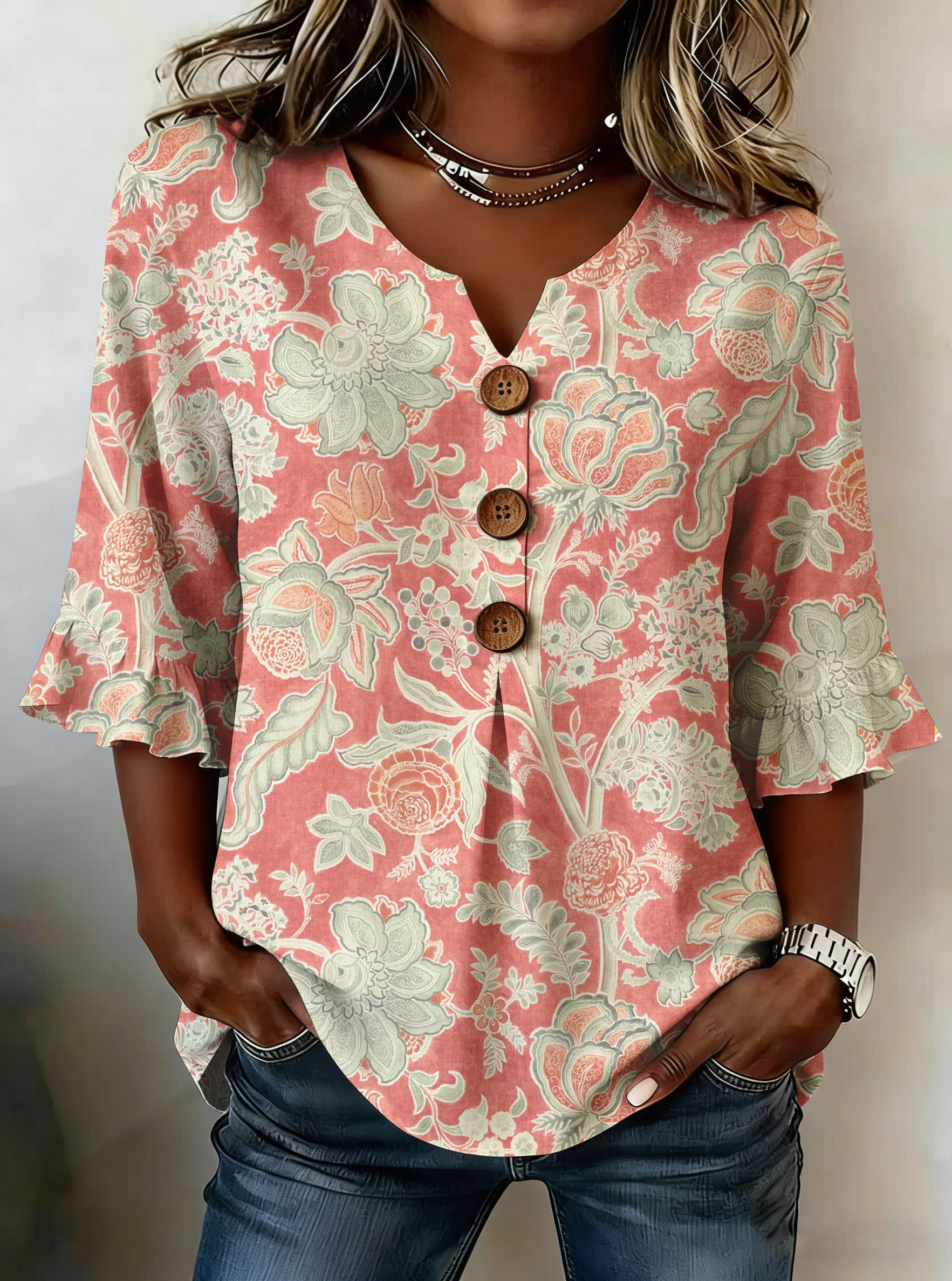 Harper | Floral V-Neck Blouse with Buttons