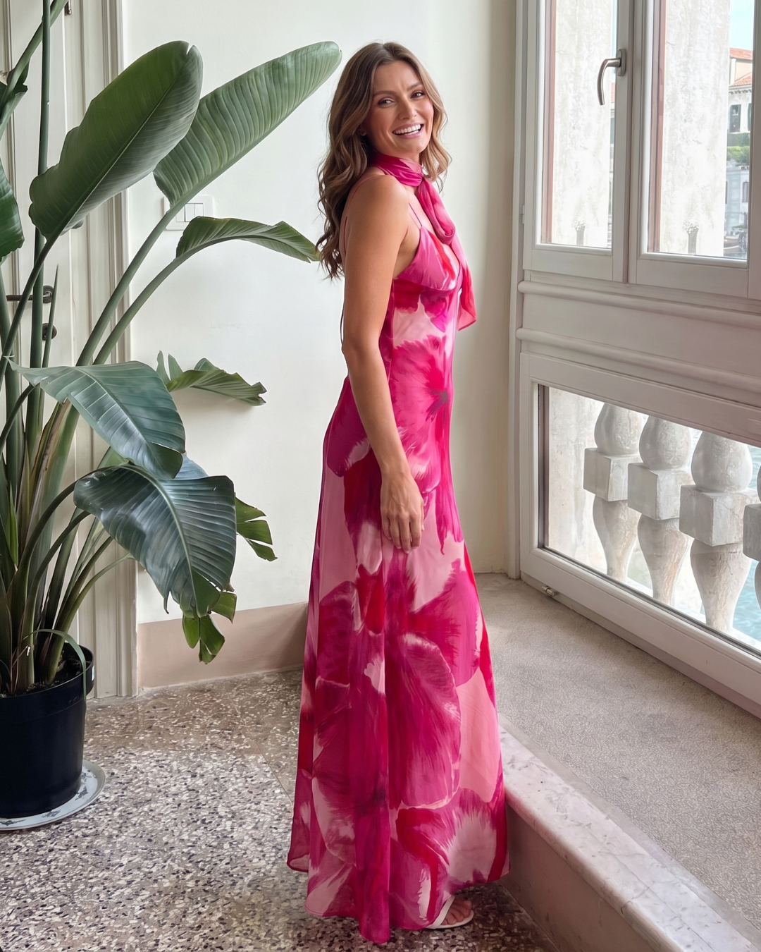 Rental | Watercolour Print Sleeveless Deep V Midi Dress