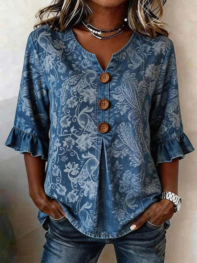 Clara | Floral V Neck Blouse with Buttons