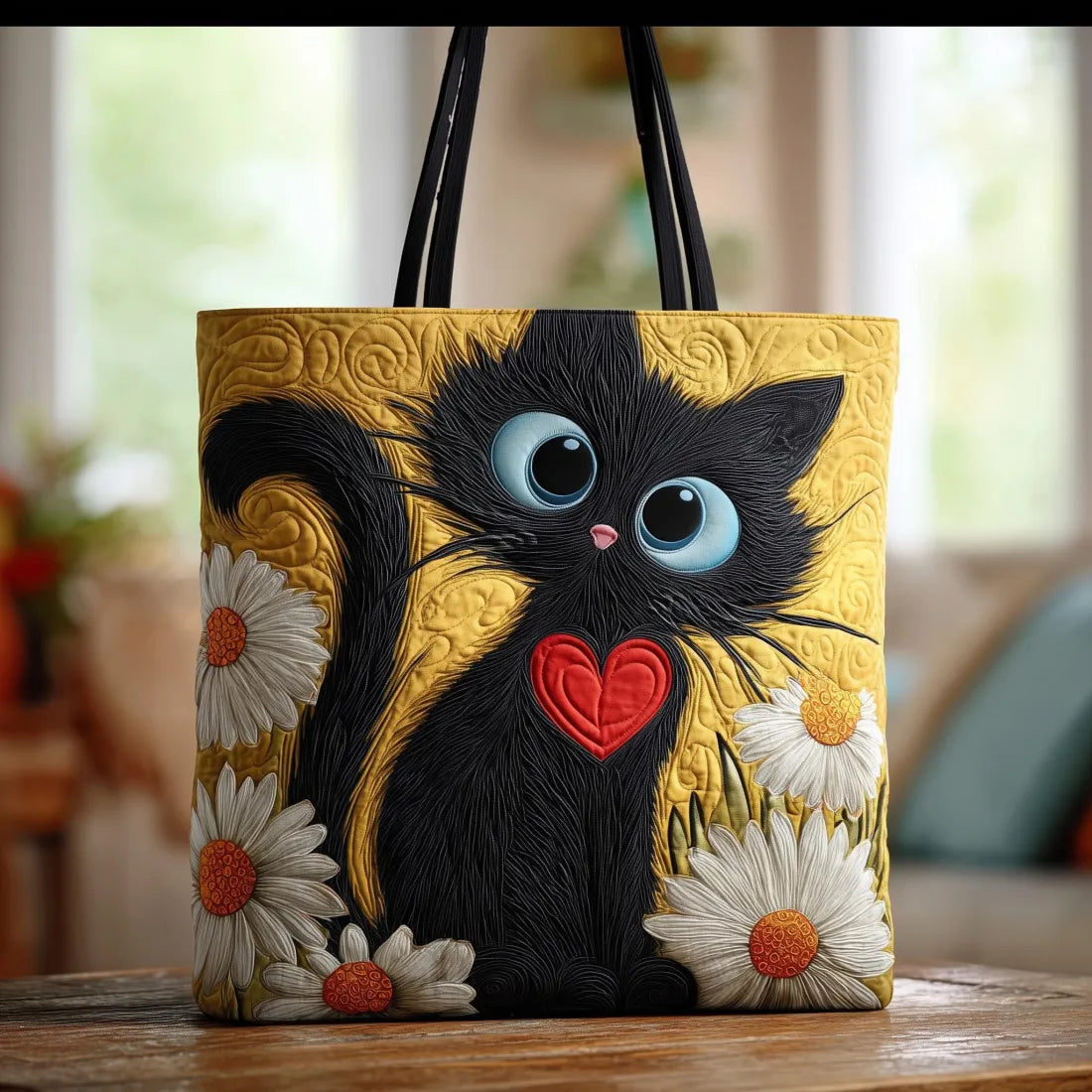 Artisan Black Cat Bag Adorned with Daisies