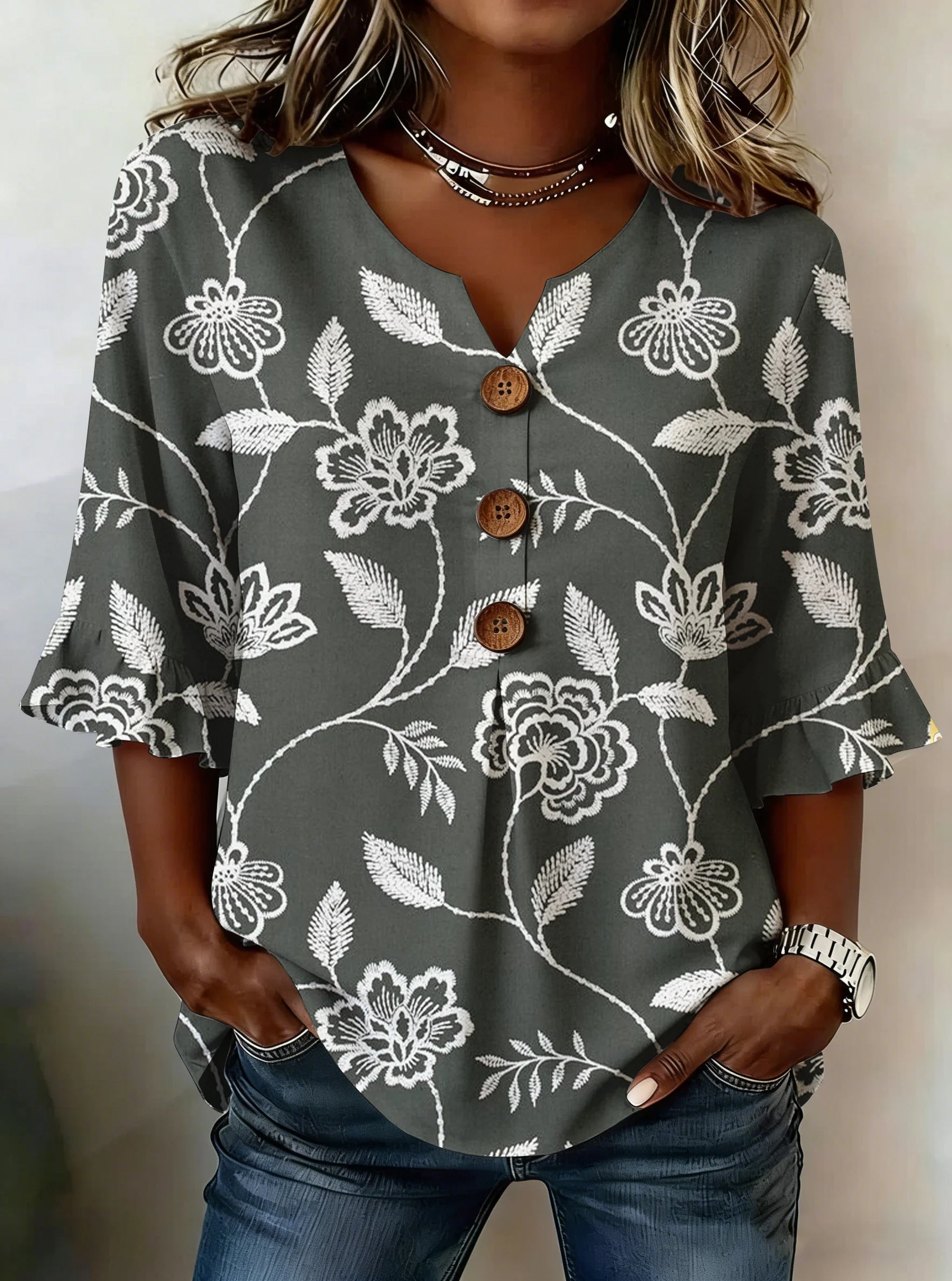 Beatrice | Floral V Neck Blouse with Buttons