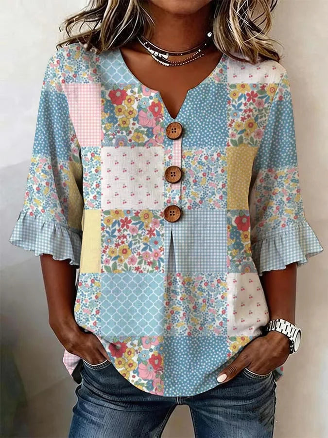 Georgia | Floral V Neck Blouse with Buttons