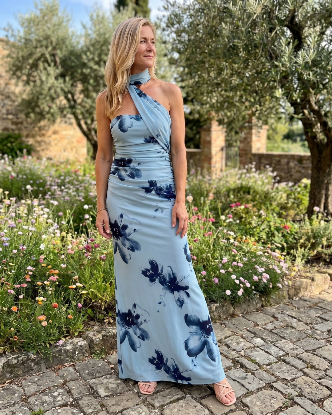 Fijem | Watercolour Floral One Shoulder Halter Maxi Dress