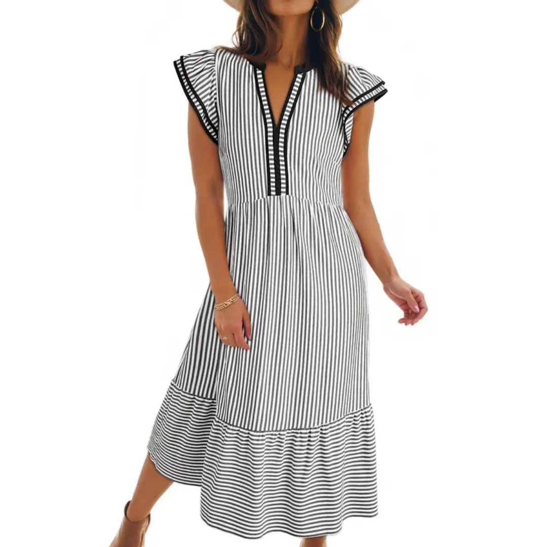 Belinda | Striped Ruffle Cap Sleeve Midi Dress