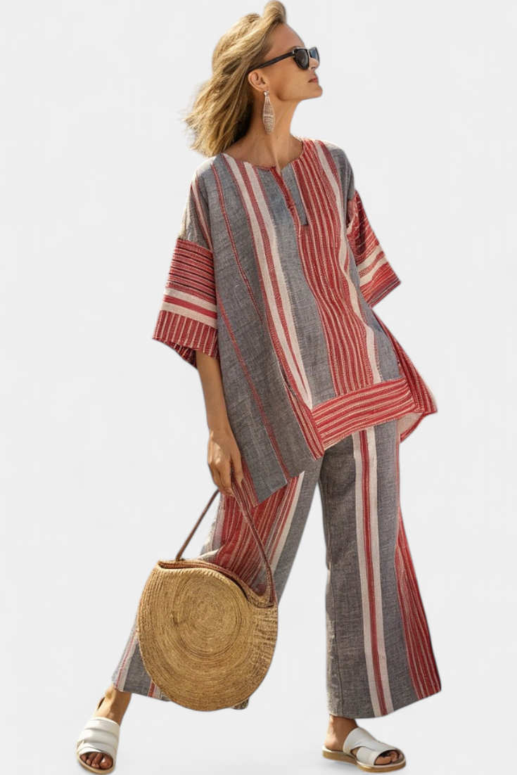 Bravine | Elegant Coral-Gray Top & Wide-Leg Pants