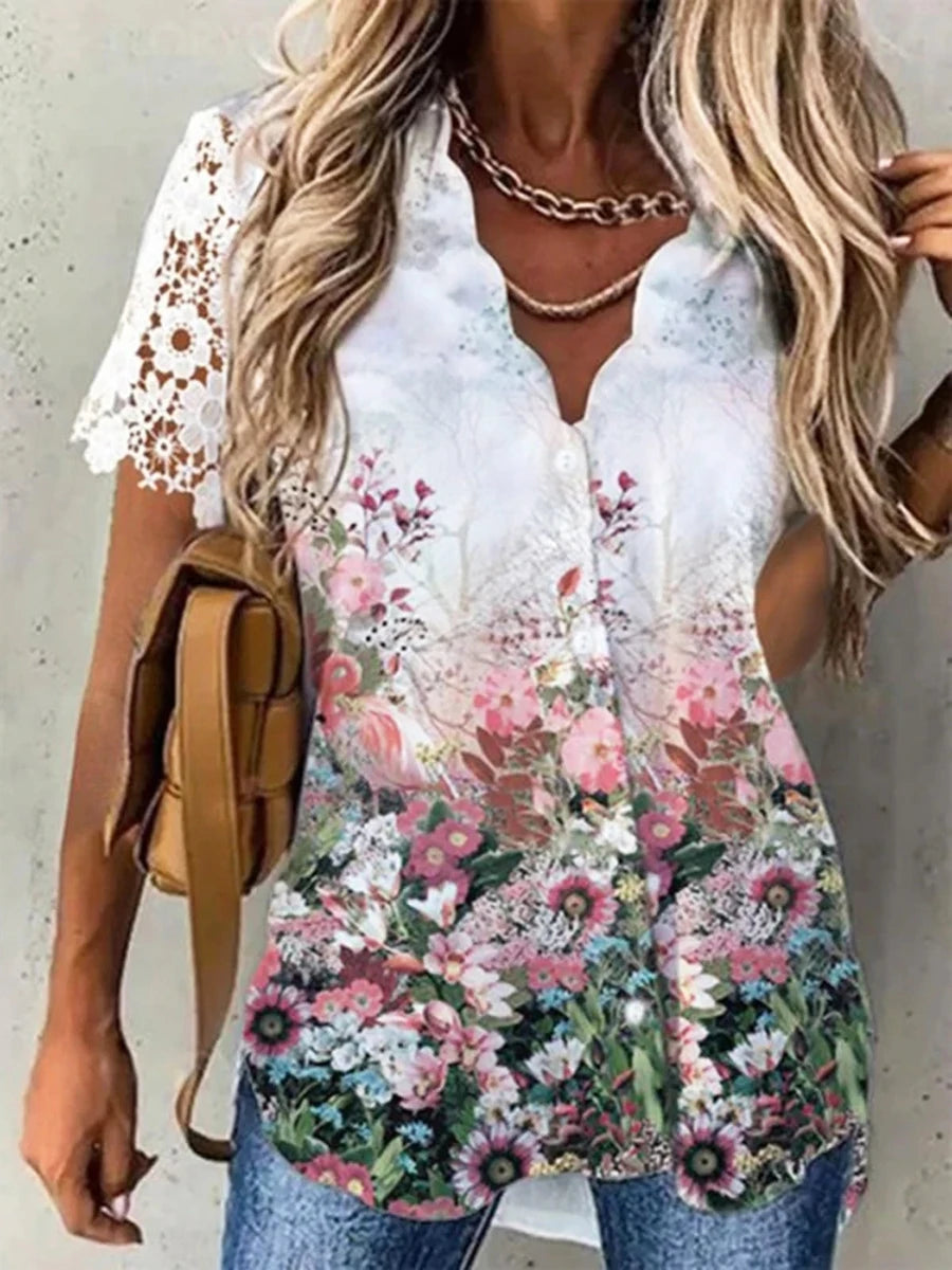 Amelia | Oversized V-Neck Floral Button Blouse – Effortless Casual Style