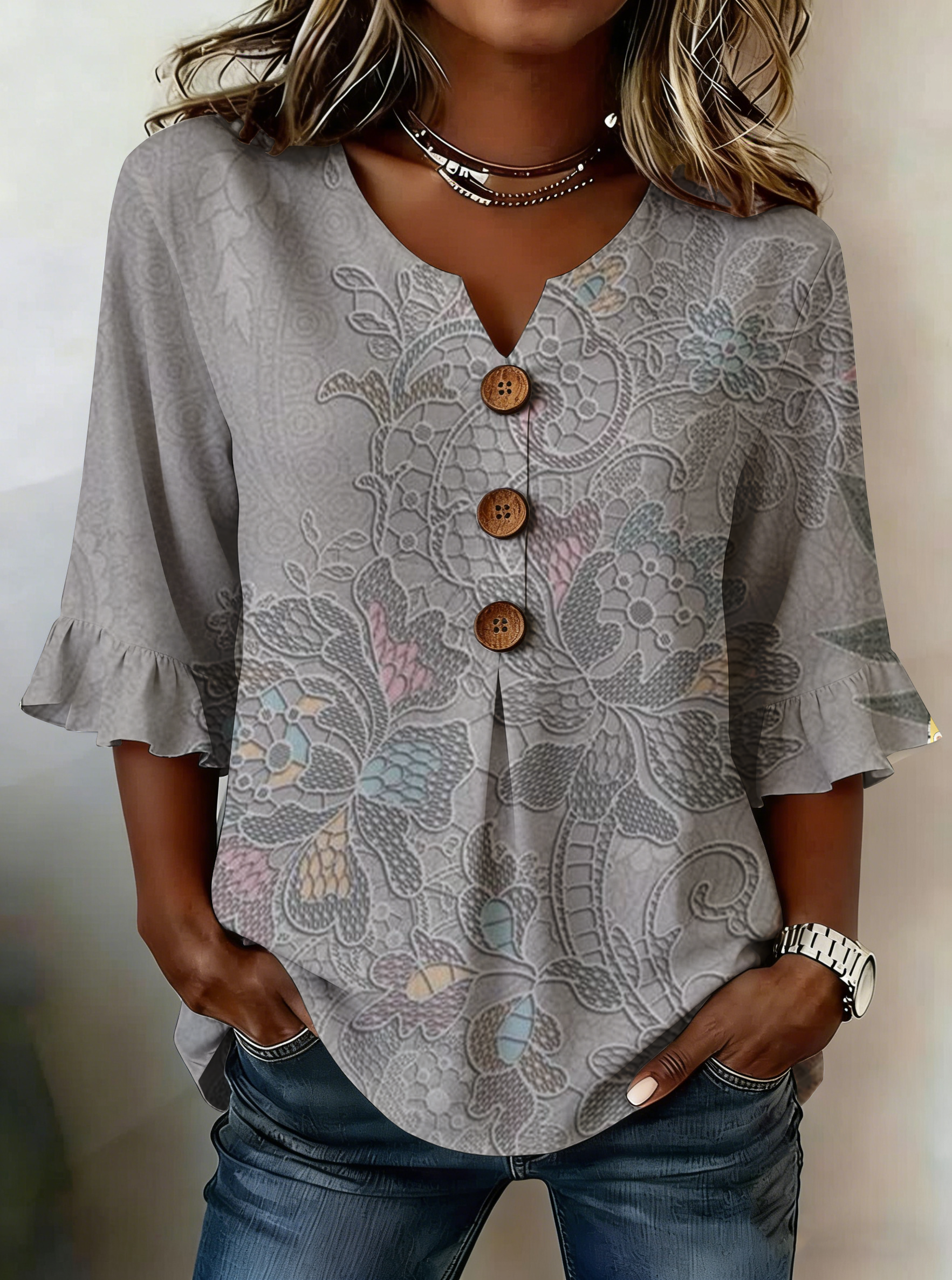 Olivia | Floral V-Neck Blouse with Buttons