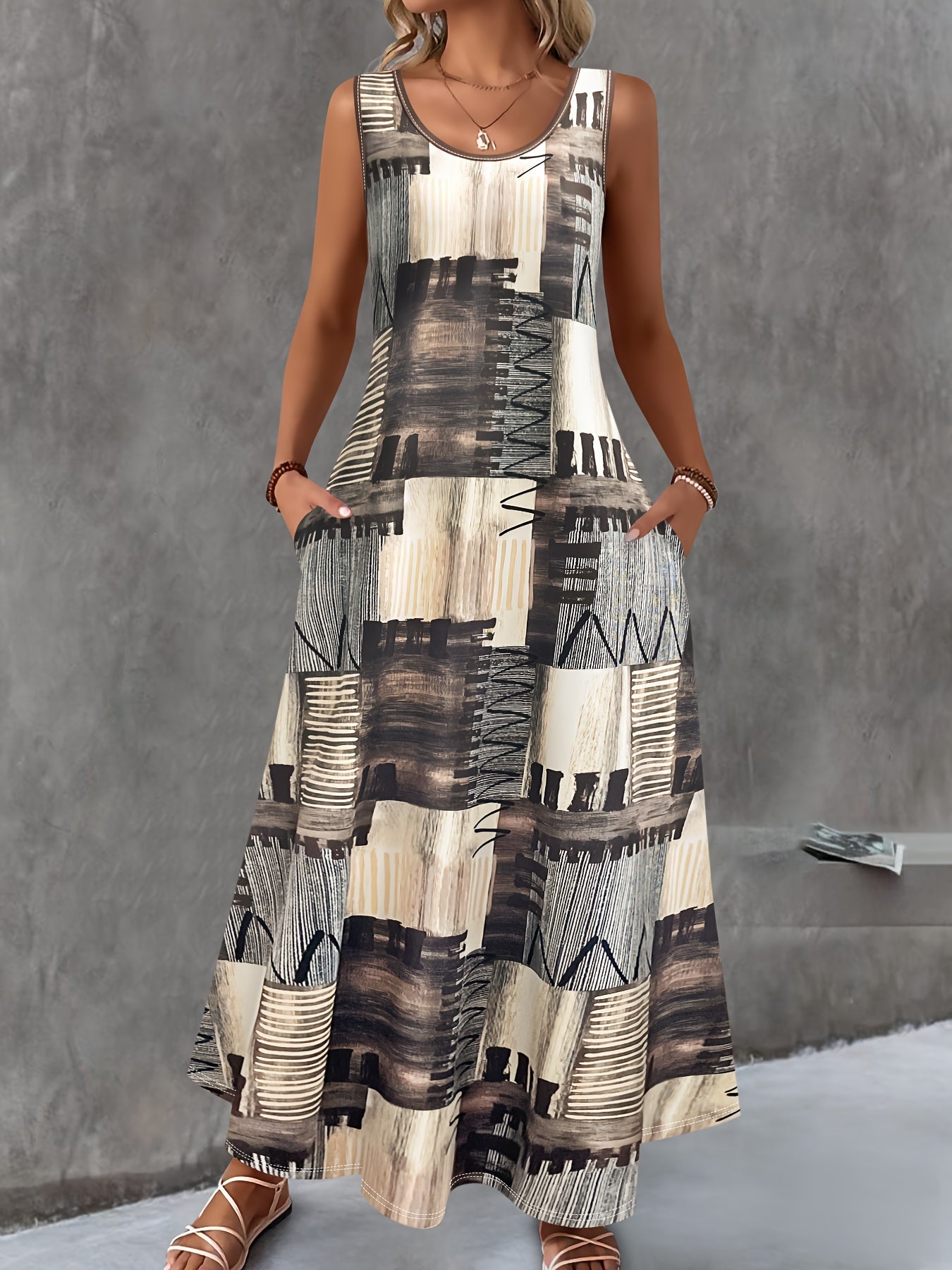Ladies Plus Size Sleeveless Midi Dress with Pockets - Stylish Colour Block Print, Round Neck, Casual Summer Vest Dress, Medium Stretch Fabric, Elegant Design, Casual Summer Dress | Colour Block Dress | Pocket Dress, Cute Dresses
