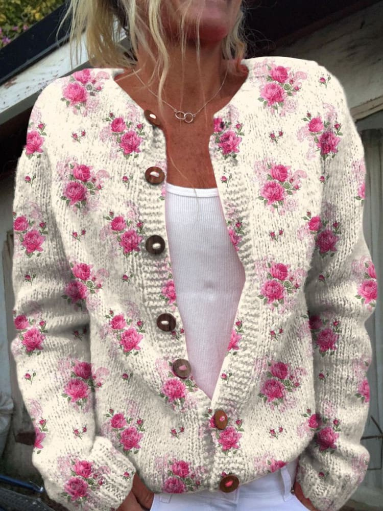 Geertruida | Watercolor Rose Print Knitted Cardigan