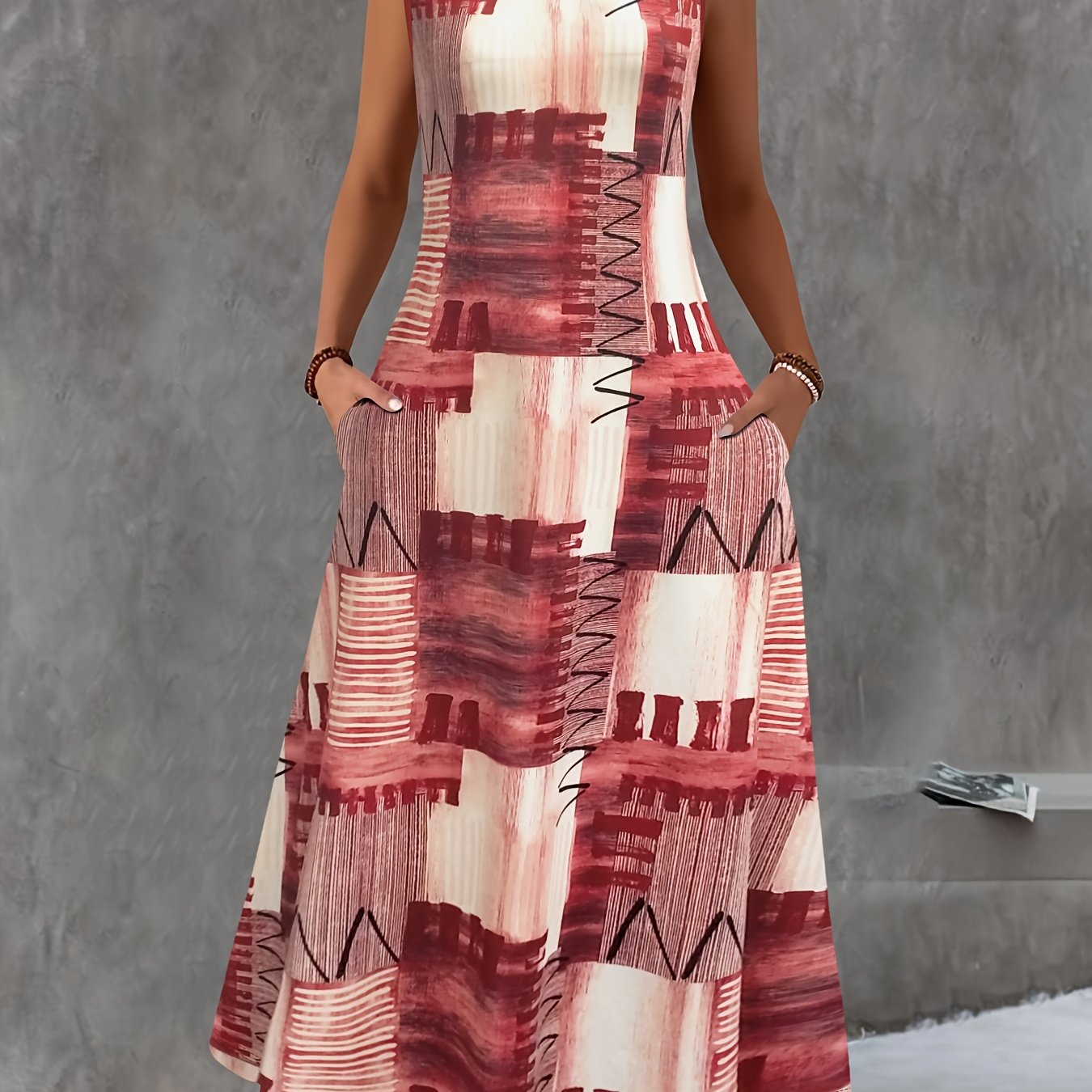Ladies Plus Size Sleeveless Midi Dress with Pockets - Stylish Colour Block Print, Round Neck, Casual Summer Vest Dress, Medium Stretch Fabric, Elegant Design, Casual Summer Dress | Colour Block Dress | Pocket Dress, Cute Dresses