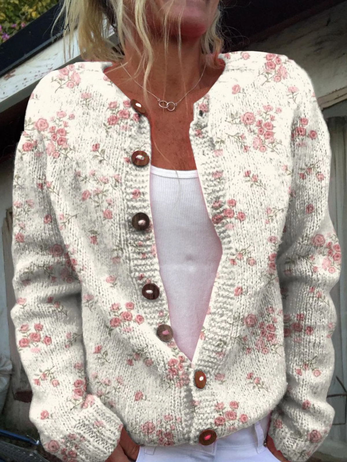 Catharina | Delicate Rose Print Knitted Cardigan
