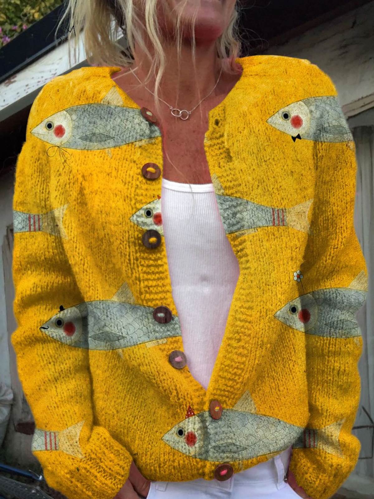 Helena | Playful Fish Print Knitted Cardigan