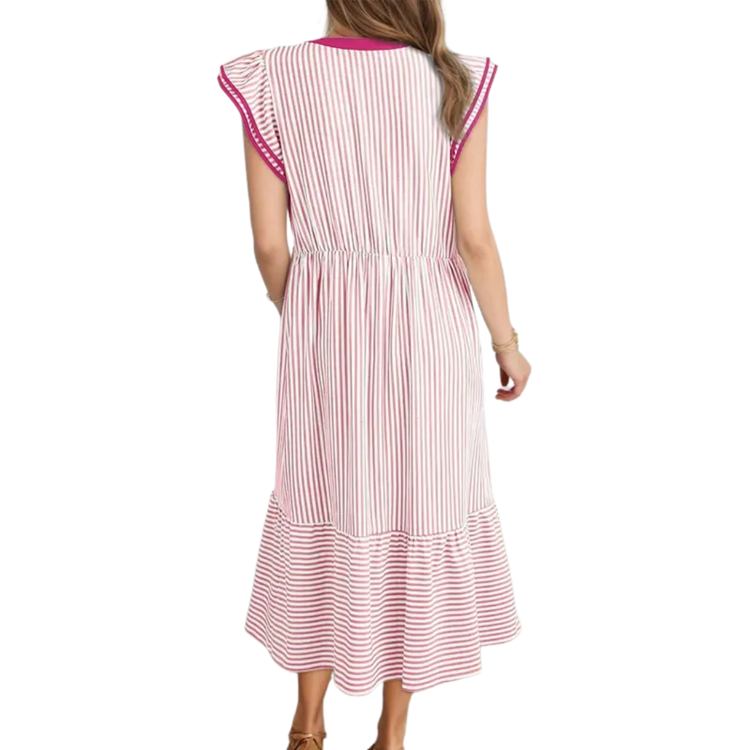 Belinda | Striped Ruffle Cap Sleeve Midi Dress