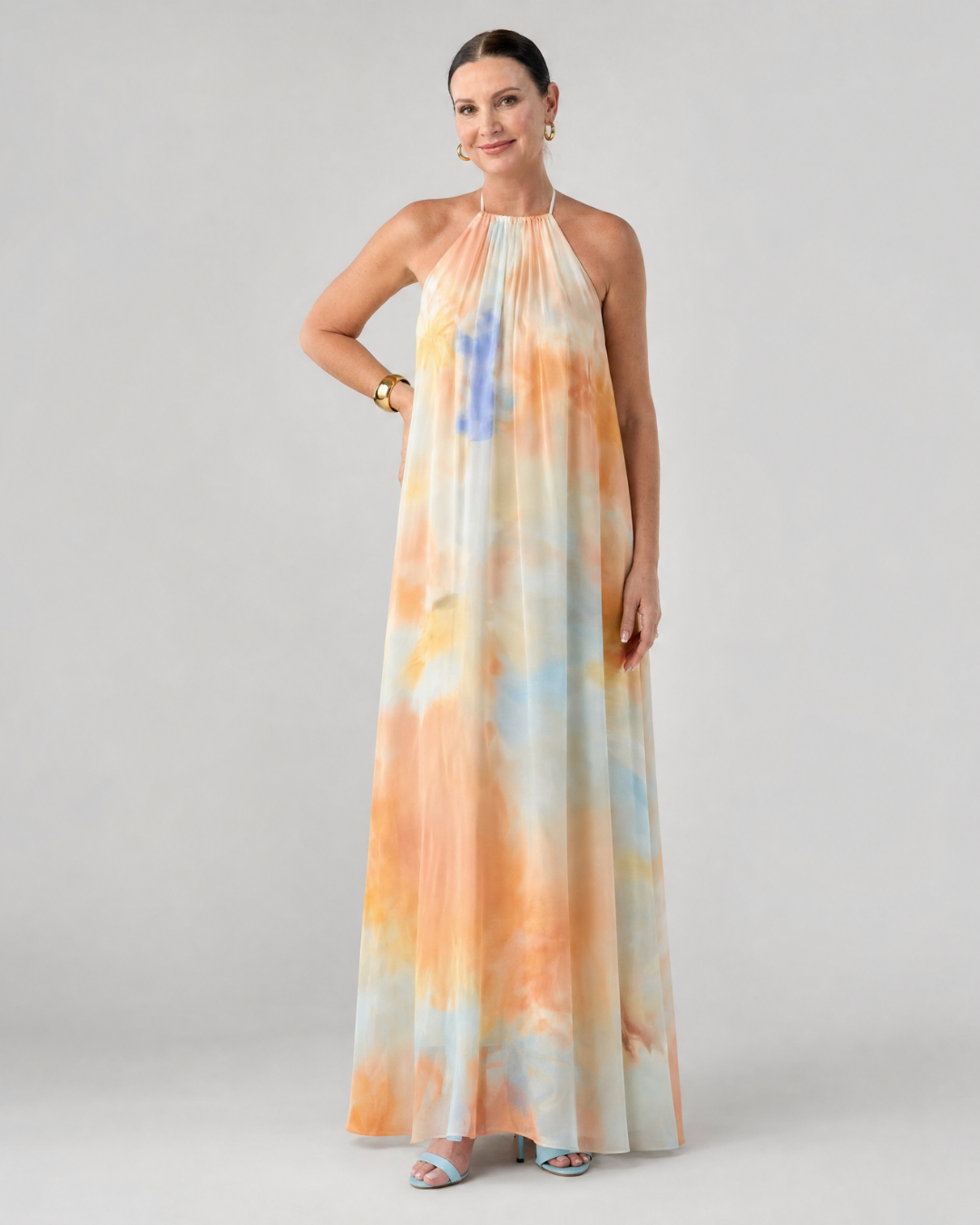 Eloque | Watercolour Halter Neck Flowing Maxi Dress