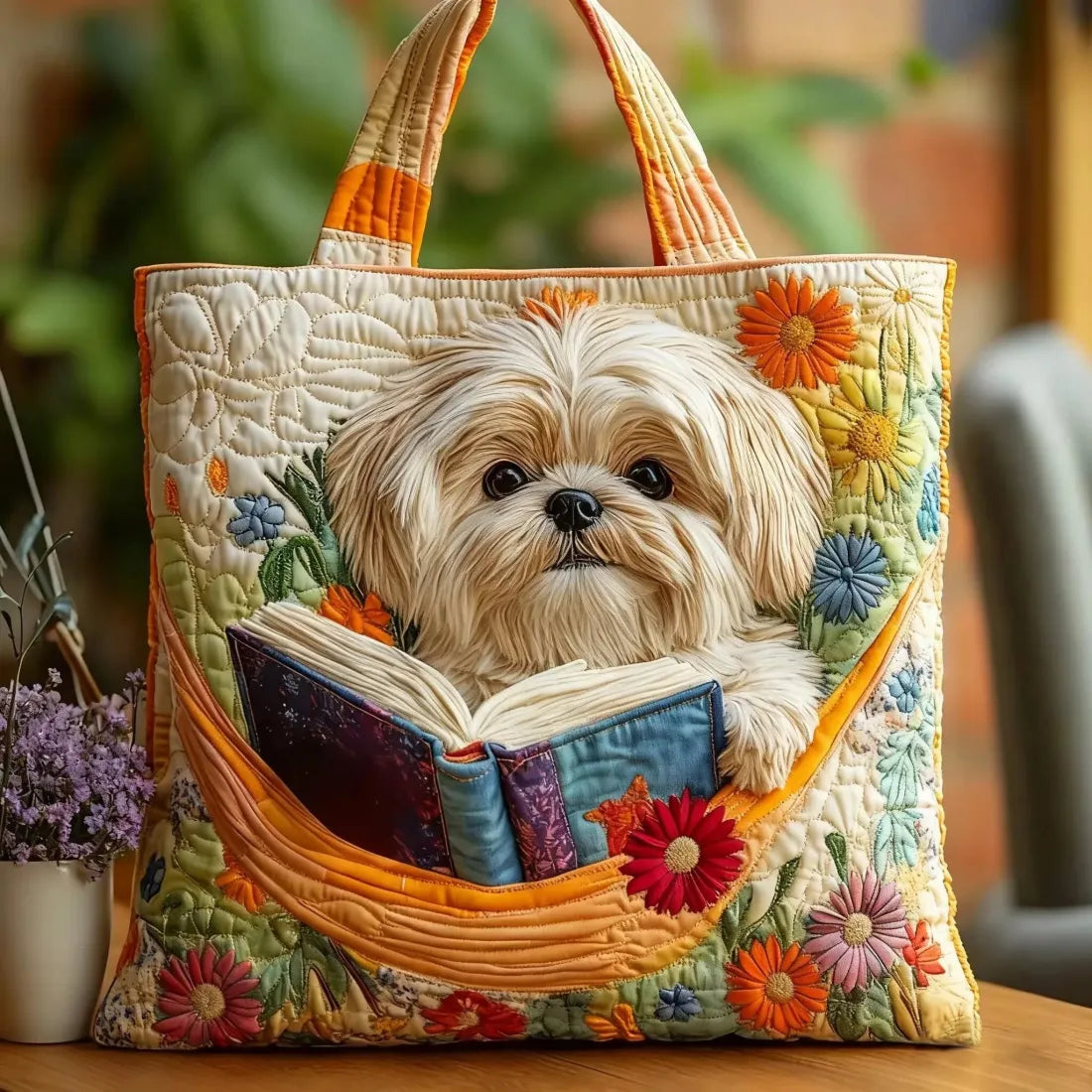Artisan Bag Featuring Shih Tzu, Books, and Floral Design