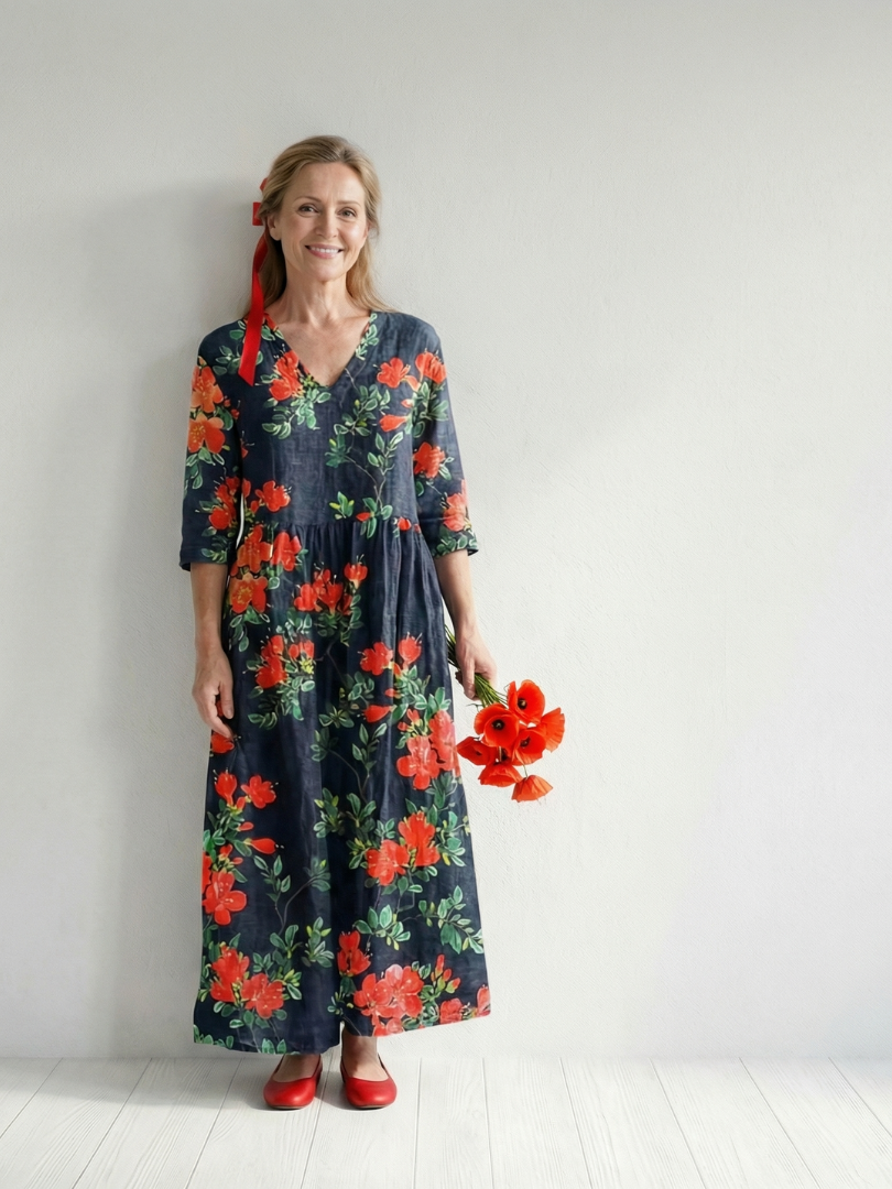 Aylin | Serene Floral Midi Dress with Flowing Drape