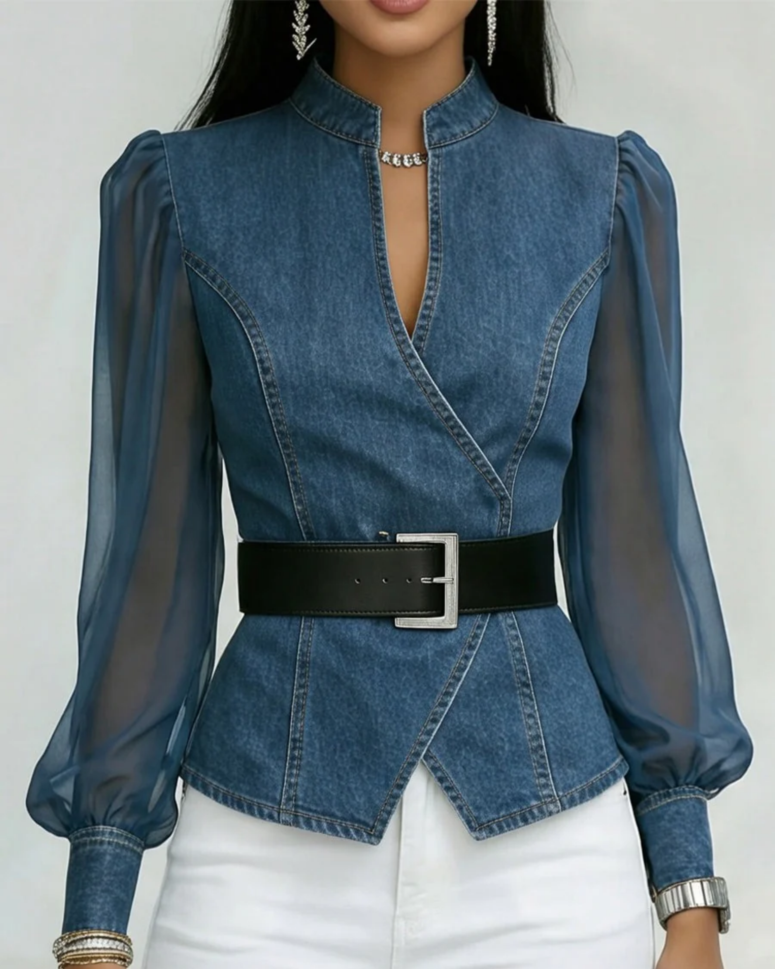 Alessia | Denim Top With Lightweight Chiffon Sleeves