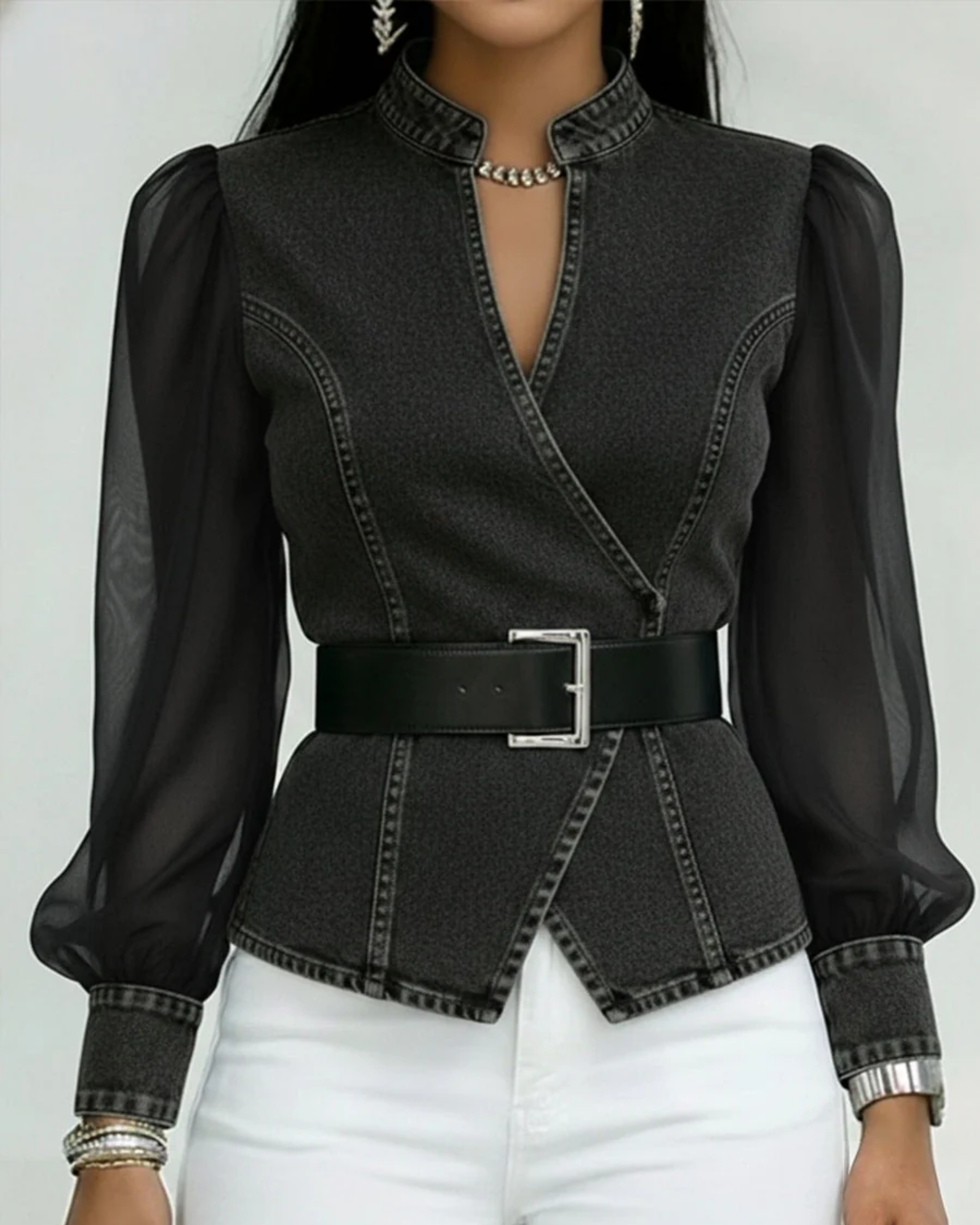 Alessia | Denim Top With Lightweight Chiffon Sleeves