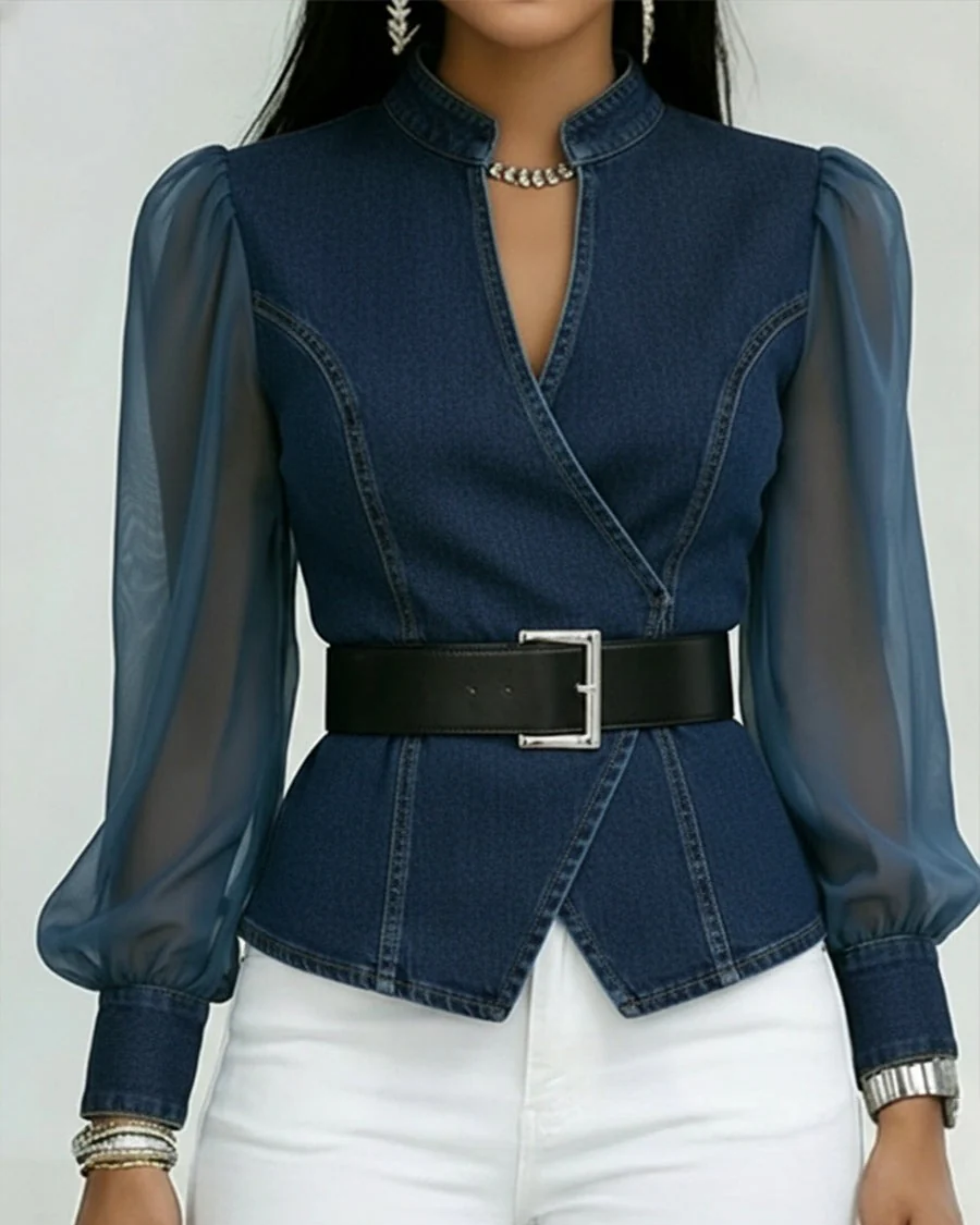 Alessia | Denim Top With Lightweight Chiffon Sleeves