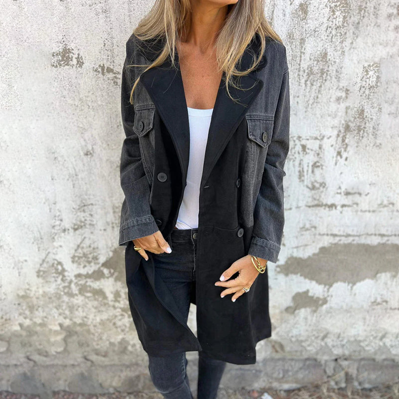 Sophie | Women’s Mid-Length Trench Coat with Denim Jacket Detail Black