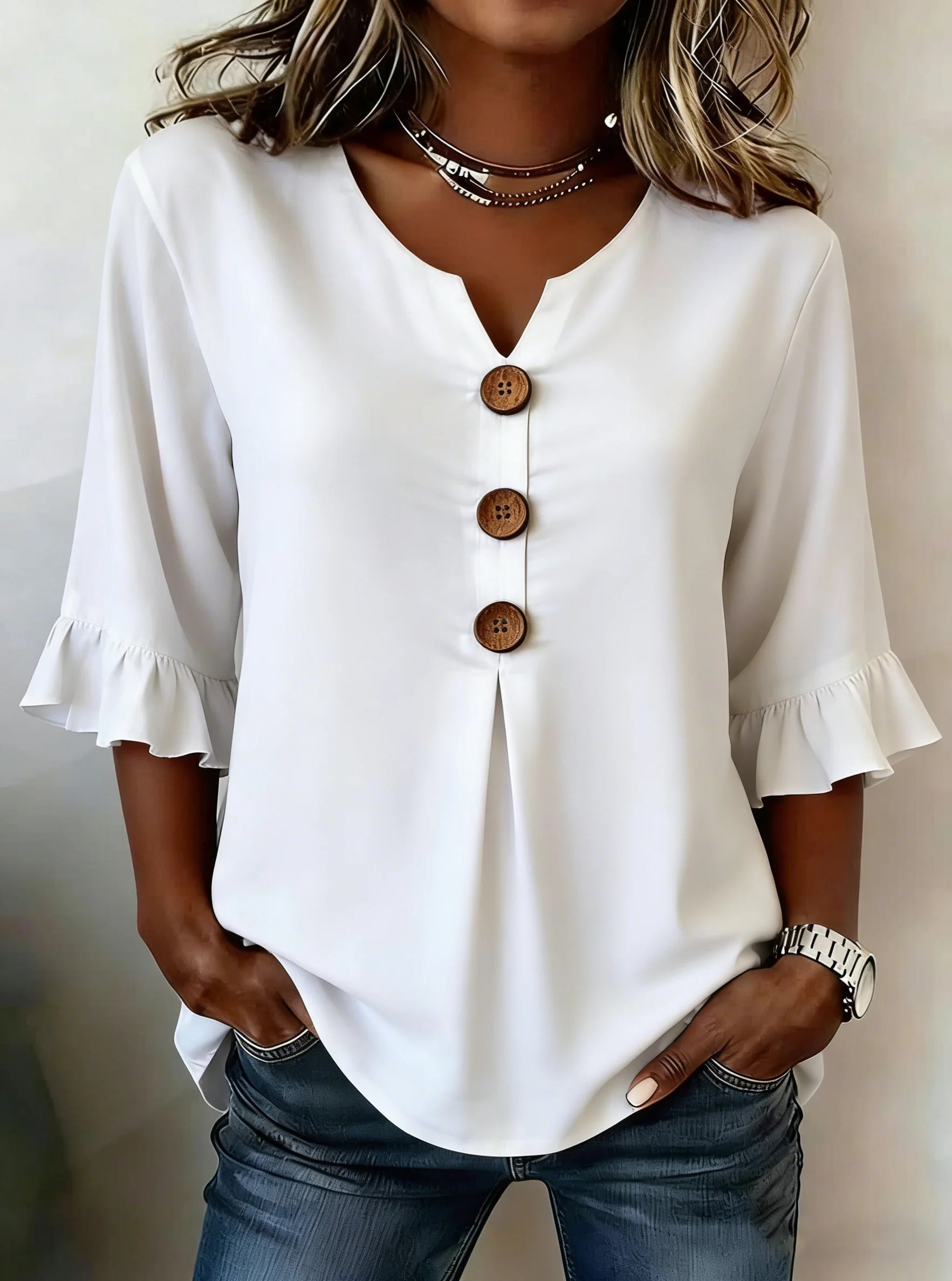 Evelyn | Floral V Neck Blouse with Buttons