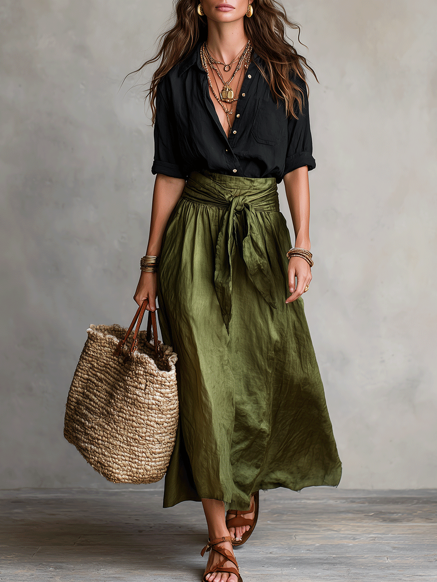 Isla | Boho Blouse & Satin Midi Skirt Set