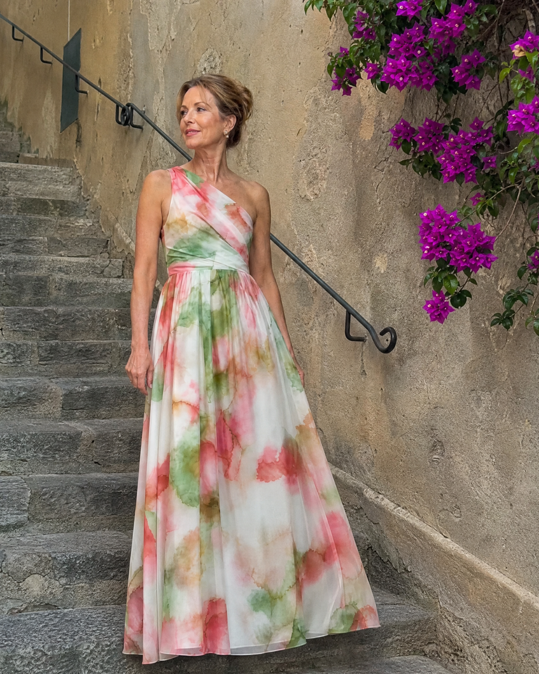Olene | Watercolour One Shoulder Flowing Maxi Dress