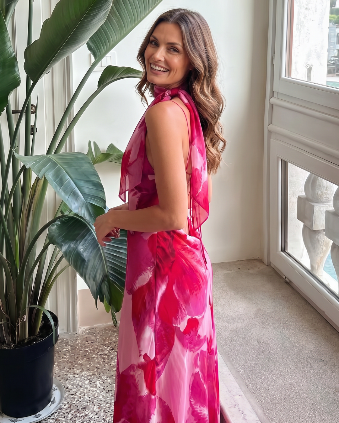 Rental | Watercolour Print Sleeveless Deep V Midi Dress