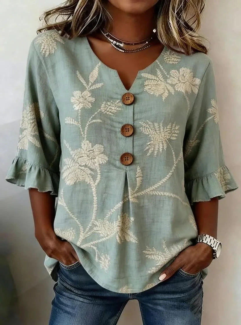 Alice | Floral V Neck Blouse with Buttons