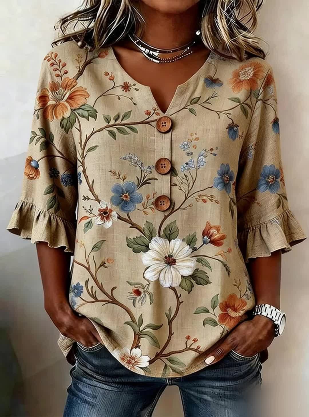 Amelia | Floral V-Neck Blouse with Buttons
