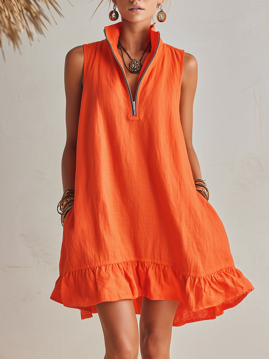 Soléa | Resort Mini Dress Orange Cotton Linen with Half-Zip