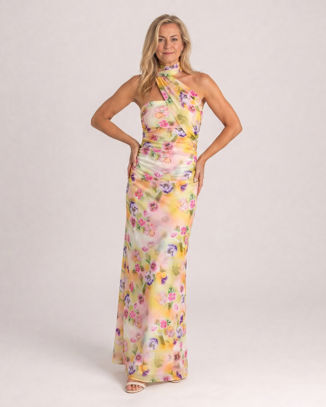 Fijem | Watercolour Floral One Shoulder Halter Maxi Dress