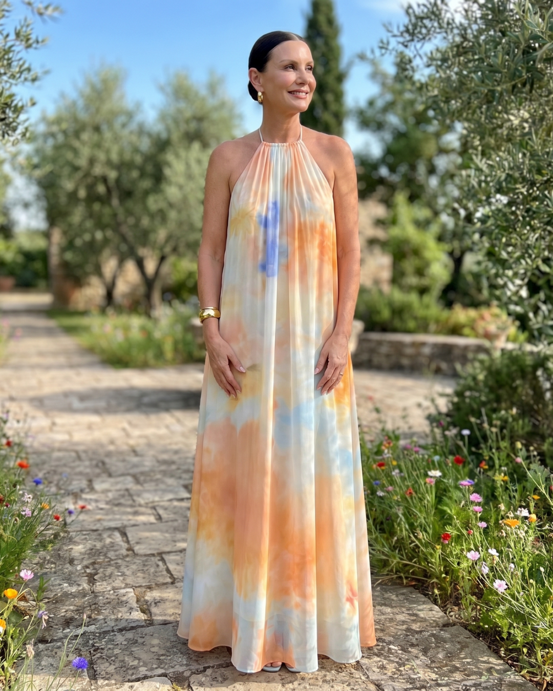 Eloque | Watercolour Halter Neck Flowing Maxi Dress