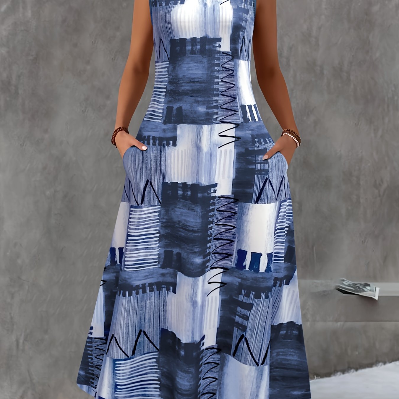 Ladies Plus Size Sleeveless Midi Dress with Pockets - Stylish Colour Block Print, Round Neck, Casual Summer Vest Dress, Medium Stretch Fabric, Elegant Design, Casual Summer Dress | Colour Block Dress | Pocket Dress, Cute Dresses