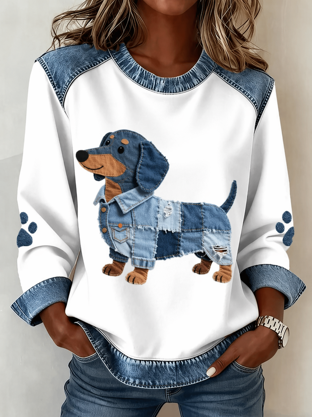 Martha | Women’s Sausage Dog Print Denim Patchwork Jumper