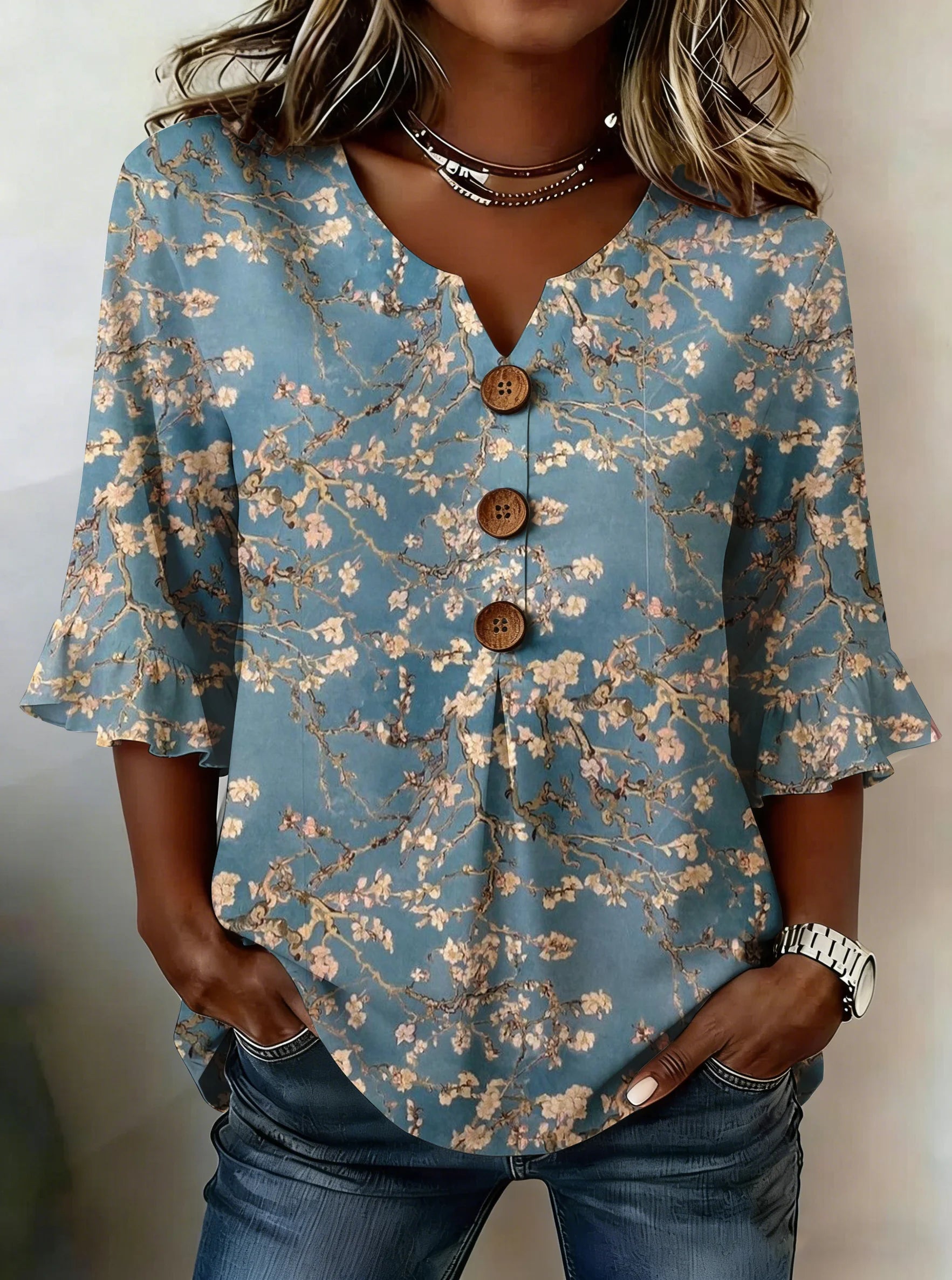 Penelope | Floral V Neck Blouse with Buttons