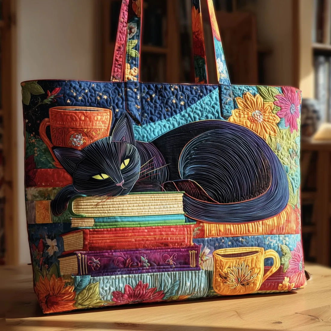 Artisan Tote - Black Cat Surrounded by Books and Cups