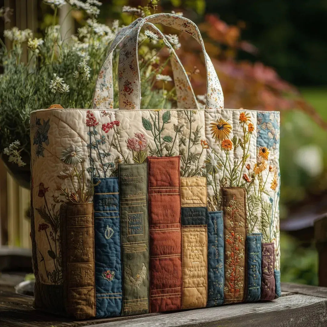 Artisan Quilted Tote - Floral & Literary Design