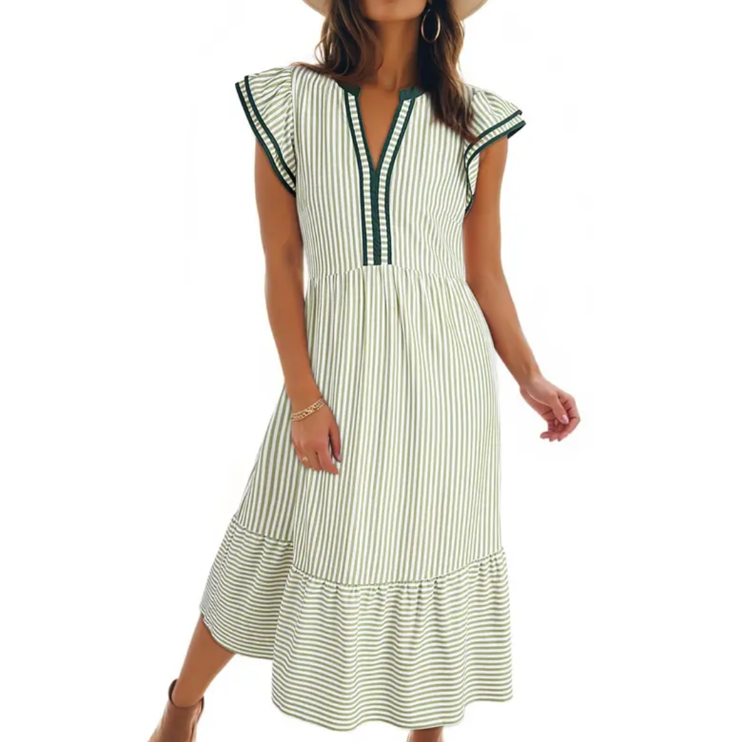 Belinda | Striped Ruffle Cap Sleeve Midi Dress