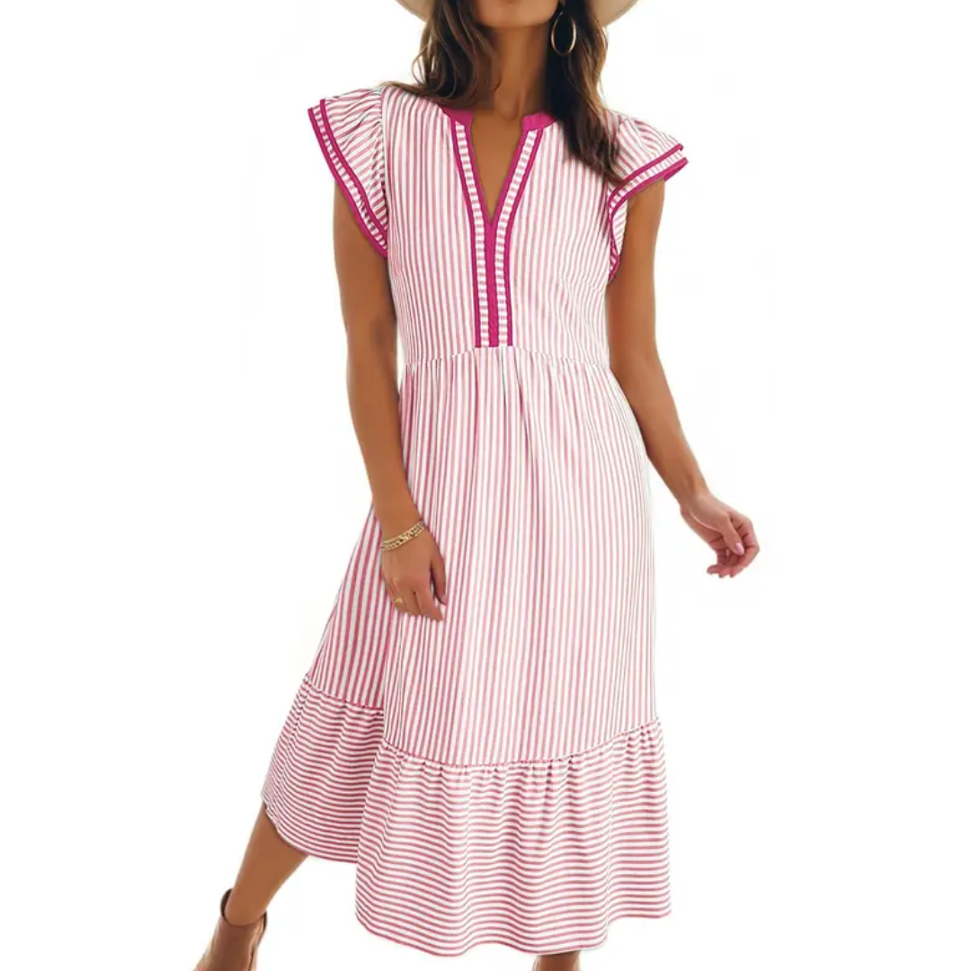 Belinda | Striped Ruffle Cap Sleeve Midi Dress