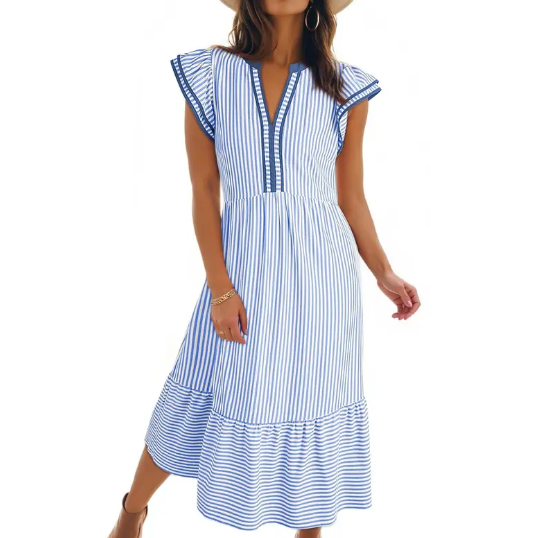 Belinda | Striped Ruffle Cap Sleeve Midi Dress