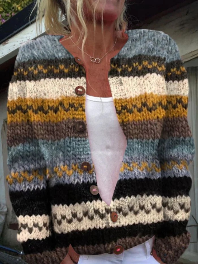 Theodora | Cozy Striped Knitted Cardigan in Warm Tones
