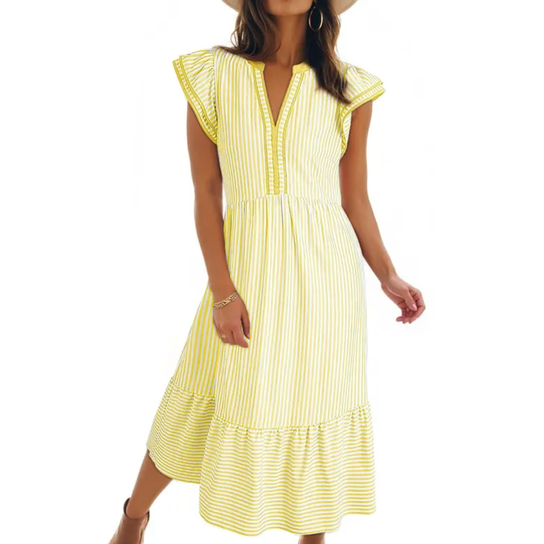 Belinda | Striped Ruffle Cap Sleeve Midi Dress