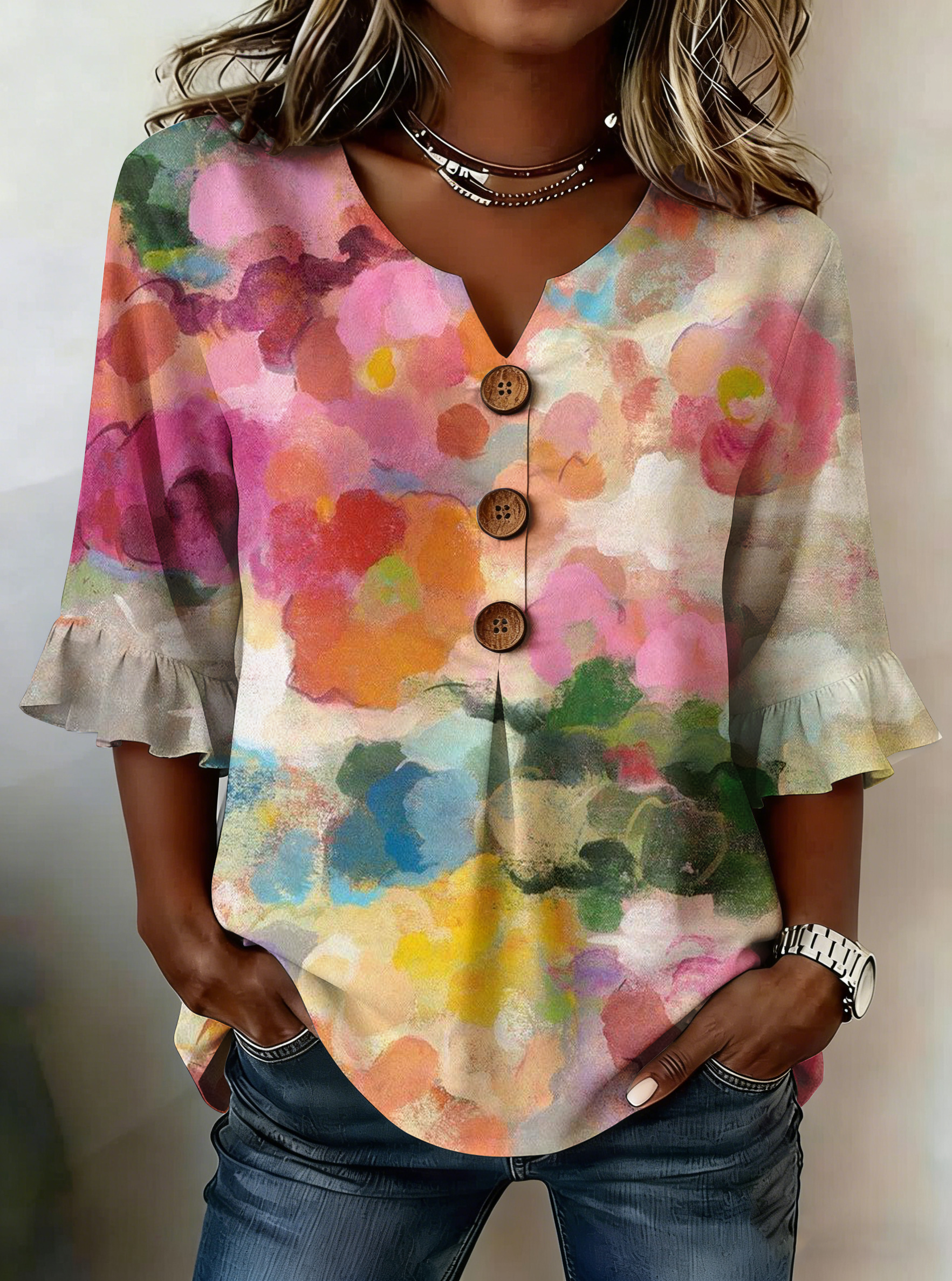 Florence | Floral V-Neck Blouse with Buttons